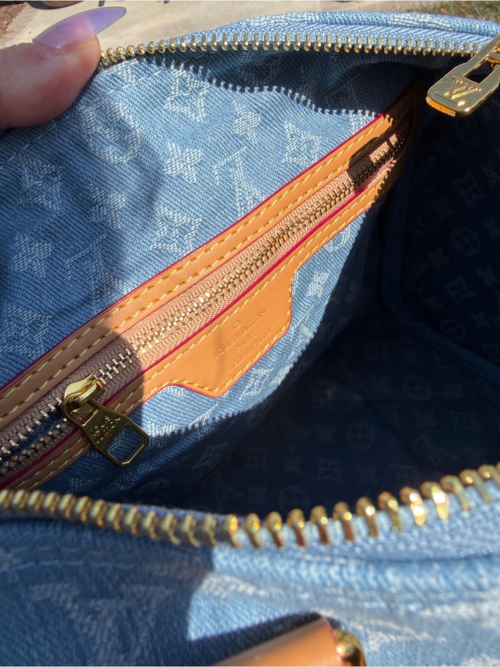 NEW LV Print Speedy Denim Monogram Satchel HandBag Blue Tan & Gold Lock Key - Picture 15 of 16